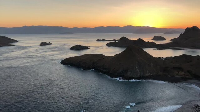 Aerial view of Amazing Padar Island landscape. Beautiful nature and travel destination in Indonesia. 4K drone footage of high quality. Tropical paradise Komodo National Park, Flores, Indonesia. Pulau.