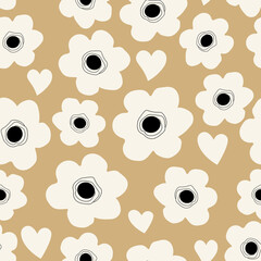 Seamless background with childish floral pattern. White flowers and hearts on a gray background. Floral baby  flat style for printing on fabric, wallpaper, paper, curtains, tablecloths. 