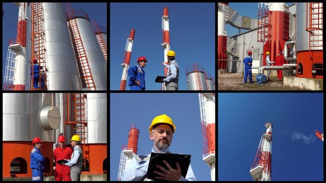 District Heating Plant Conceptual Video Wall - Worker and Maintenance Engineer in Protective Workwear Talking to Technical Manager