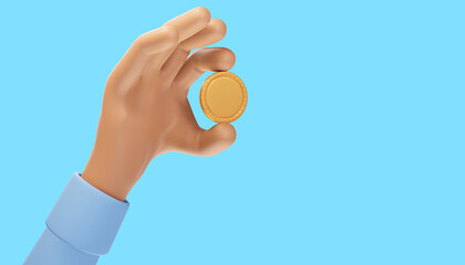 loseup cartoon hand hold golden coin, 3d illustration