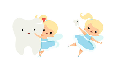 Cute Little Tooth Fairy with Blond Hair and Ponytail with First Baby Tooth Vector Set