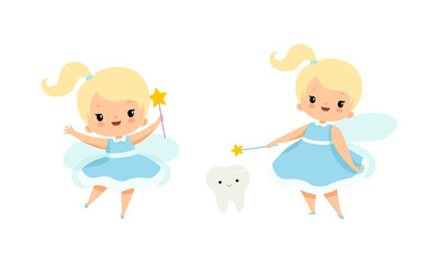 Fototapeta na wymiar Cute Little Tooth Fairy with Blond Hair and Ponytail with First Baby Tooth Vector Set