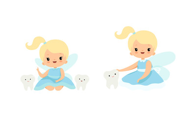 Cute Little Tooth Fairy with Blond Hair and Ponytail Sitting with First Baby Tooth Vector Set