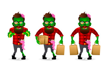 Zombie hipster set isolated on a white background. Zombie men cartoon style. Vector illustration