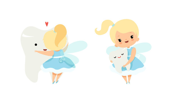 Cute Little Tooth Fairy with Blond Hair and Ponytail Embracing First Baby Tooth Vector Set