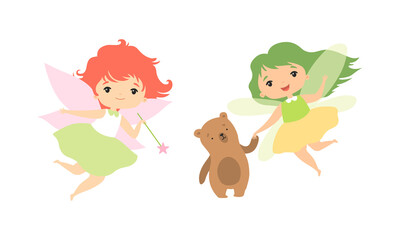 Little Fairy or Pixie with Wings as Woodland Nymph Hovering with Magic Wand Vector Set