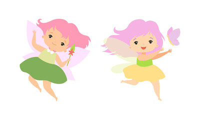 Little Fairy or Pixie with Wings as Woodland Nymph Hovering with Magic Wand and Butterfly Vector Set