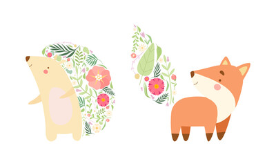 Cute Animal with Tail Having Floral Ornament Vector Set