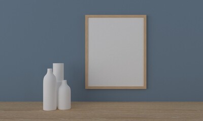 Wooden Empty Frame Mockup with white vases, 3d-rendering