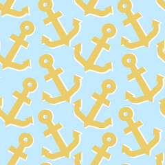 Seamless nautical pattern with anchors on the blue background.