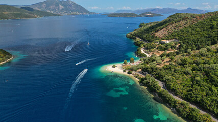 Aerial drone photo of paradise turquoise beach of Amoglossa meaning a sand tongue with crystal...