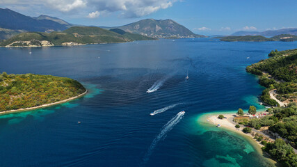 Fototapeta premium Aerial drone photo of paradise turquoise beach of Amoglossa meaning a sand tongue with crystal clear sea, Ionain, Greece