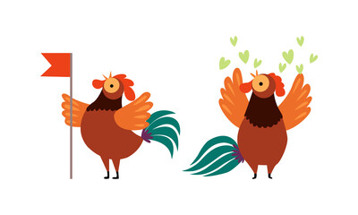 Rooster or Cock Character Holding Flag on Pole and Sending Heart Vector Set