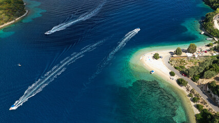Aerial drone photo of paradise turquoise beach of Amoglossa meaning a sand tongue with crystal clear sea, Ionain, Greece
