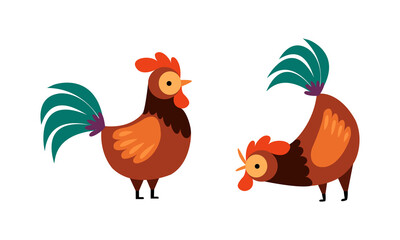 Rooster or Cock Character Crowing and Standing Vector Set