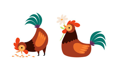Rooster or Cock Character Picking Grain and Holding Flower Vector Set