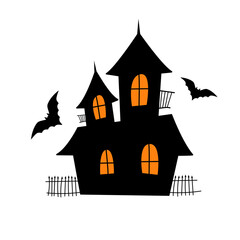 Scary house. A black house with orange windows, a fence and bats around.