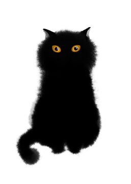 Illustration of a black cat with large amber eyes. Watercolor animal. Drawing in ink. Print for printing. Dark-colored kitty. Silhouette of a kitten.