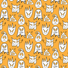 Halloween seamless pattern, festive background. Simple vector pattern, funny white with black outline monsters and ghosts, orange background.