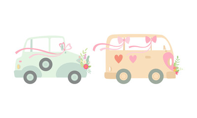 Fototapeta premium Vintage Car Decorated with Flowers and Ribbon as Wedding Retro Vehicle Vector Set