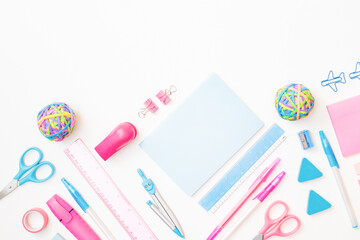 Flat lay school and office supplies on a white background