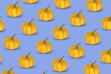Trendy pattern of yellow pumpkins on a light purple background.