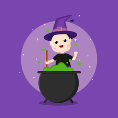 kawaii halloween character in cauldron illustration