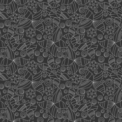 Seamless pattern with contour stained glass butterflies and flowers, light outline moths on a dark background