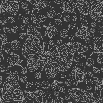 Seamless pattern with contour rose flowers and butterflies,light outline flowers and insects on an dark background