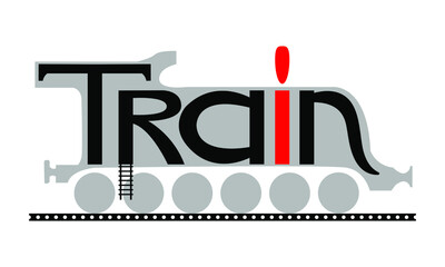 stylized image of an old steam locomotive and the word train for prints on emblems, banners, postcards, clothes and for the design of transport and travel logos in vintage style