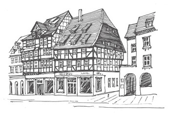 Travel sketch of Quedlinburg, Germany. Hand drawing of the old town, Quedlinburg. Historical building line art. Hand drawn travel postcard. Urban sketch in black color isolated on a white background.