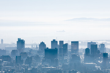 General view of cityscape with multiple modern buildings and skyscrapers in the foggy morning