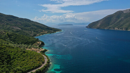 Fototapeta na wymiar Aerial drone photo of exotic turquoise sandy beach forming a blue lagoon in tropical destination island bay