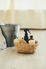 Kitchen interior with natural eco-friendly zero waste plastic free cleaning items: brushes, rugs,...
