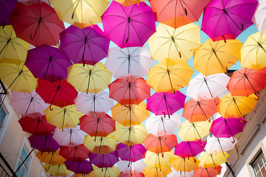 Street decorated with colored umbrellas in &Aacute;gueda, Portugal