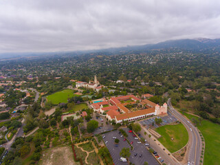 Old Mission Santa Barbara aerial view at 2201 Laguna Street in city of Santa Barbara, California CA, USA. This mission was built in 1820 with Spanish Colonial style.  - obrazy, fototapety, plakaty