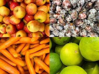 collage of fruits. Plum, Carrot, Apples, Avocado