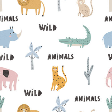 Cute vector seamless pattern with safari animals. Vector seamless pattern. Digital paper