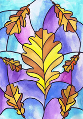 Fototapeta na wymiar Oak autumn leaves. Sketch a stained glass window. Children's drawing