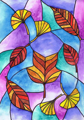 Multicolored autumn leaves. Sketch a stained glass window. Children's drawing
