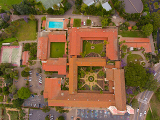 Old Mission Santa Barbara aerial view at 2201 Laguna Street in city of Santa Barbara, California CA, USA. This mission was built in 1820 with Spanish Colonial style. 