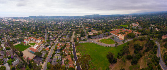 Old Mission Santa Barbara aerial view at 2201 Laguna Street in city of Santa Barbara, California CA, USA. This mission was built in 1820 with Spanish Colonial style. 