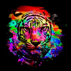 Foto auf Glas colorful artistic tiger muzzle with bright paint splatters on dark background. © reznik_val