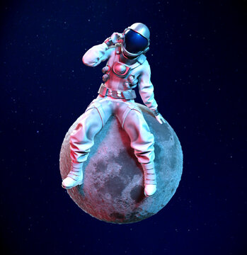 Astronaut sitting on the moon with hand on helmet, 3D illustration