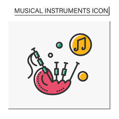  Bagpipes color icon. Traditional scottish woodwind musical instrument.Classical, ethnic and modern music. Music from different countries. Isolated vector illustration