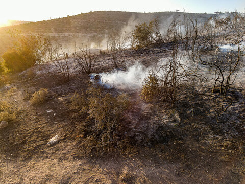 Jindires, Syria - September 14, 2021: Fires erupt in the mountainous forests in the village of Jindires in the countryside of Afrin on the Syrian-Turkish border