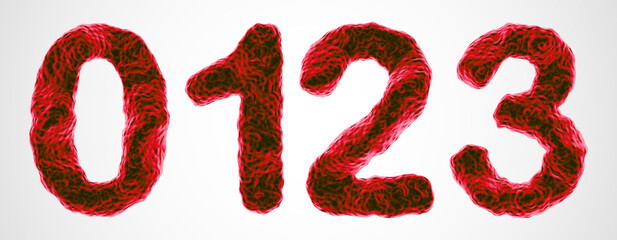 Red blood in shape of 3D digits 0, 1, 2, 3 on white background. Set of realistic bloody numbers for medicine, healthcare or horror concepts, part 1 of 3. Vector illustration.