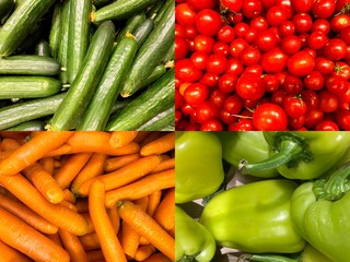 Collage of vegetables. Vegetarian food. Bulgarian pepper, Tomatoes, cucumbers, carrot