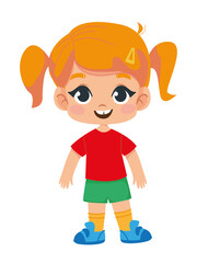 Cartoon girl with red hair in anime style. Sports uniform - shorts and a T-shirt. Vector illustration of toddler character in children s style. Isolated funny clipart on a white background. Cute print