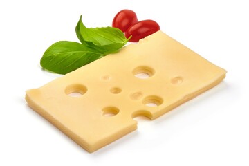 Emmental cheese slices, Swiss cheese, isolated on white background. High resolution image.